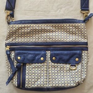 Fossil Morgan Crossbody Bag Blue Beige Canvas Leather Pockets  Lt Wear on Bottom